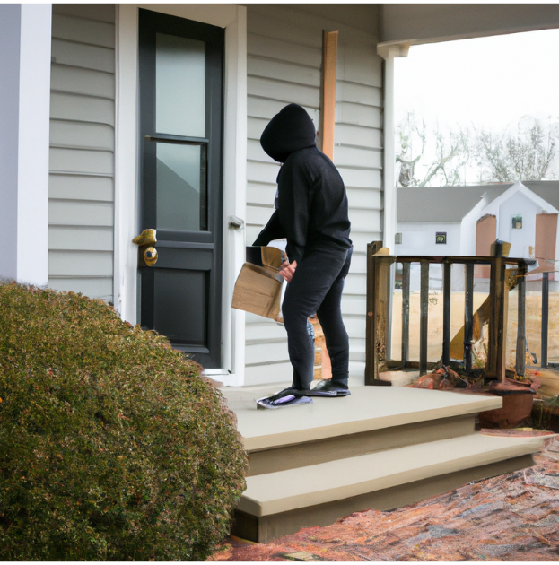 A man is captured on camera stealing a package off a front porch in broad daylight, highlighting the critical need for a front door camera. The image shows the thief bending down to pick up a package while looking around nervously, emphasizing the importance of having a doorbell camera for monitoring and preventing package theft, ensuring home security, and providing evidence for authorities