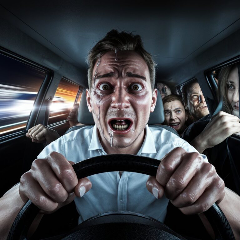 A hyper-realistic scene inside a car where an Uber driver is terrified as he faces an imminent collision. The driver, visibly scared, dashcam captures as he clutches the steering wheel with white-knuckled hands, his face drenched in sweat and eyes wide with fear. The dashboard lights flicker as an oncoming vehicle’s headlights illuminate the interior, casting intense shadows. In the back seat, passengers are shown in a state of panic—one clutches the door handle tightly, while another braces for impact. The atmosphere is tense, with the imminent danger of a crash evident in the driver's terrified expression and the chaotic scene outside the windows.