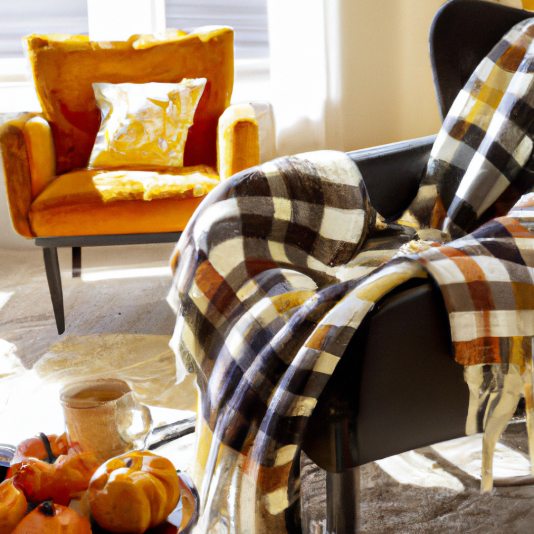 A cozy autumn living room featuring a plush armchair draped with warm knitted blankets in orange and cream. Decorative throw pillows in plaid and velvet add texture. Soft golden light streams through a window, illuminating a wooden coffee table with a steaming mug of cider and a couple of decorative pumpkins, creating an inviting atmosphere