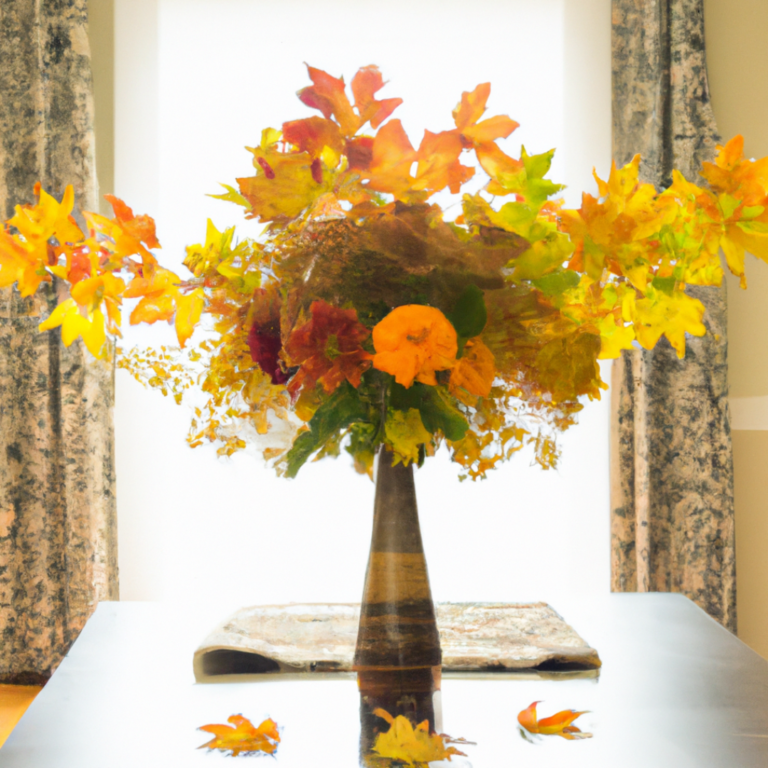 A cozy fall floral arrangement in a rustic wooden crate, featuring vibrant orange and yellow mums, deep red dahlias, and lavender. Lush greenery, including eucalyptus and maple leaves, adds depth. Mini pumpkins and pinecones are scattered among the blooms. Soft, natural light filters through a window, creating a warm and inviting autumn atmosphere