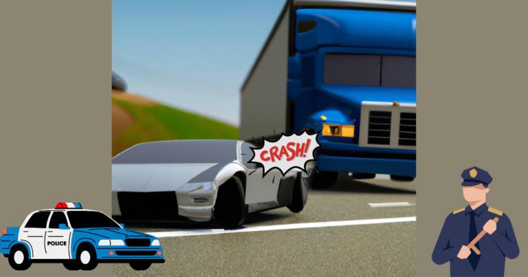 An 18-wheeler truck being dangerously cut off by a speeding sports car on the highway, showcasing the need for a dashcam to capture incidents like this. The truck driver's view shows the small car swerving in front, creating a near-collision situation, emphasizing the importance of dashcam footage for protection and evidence.